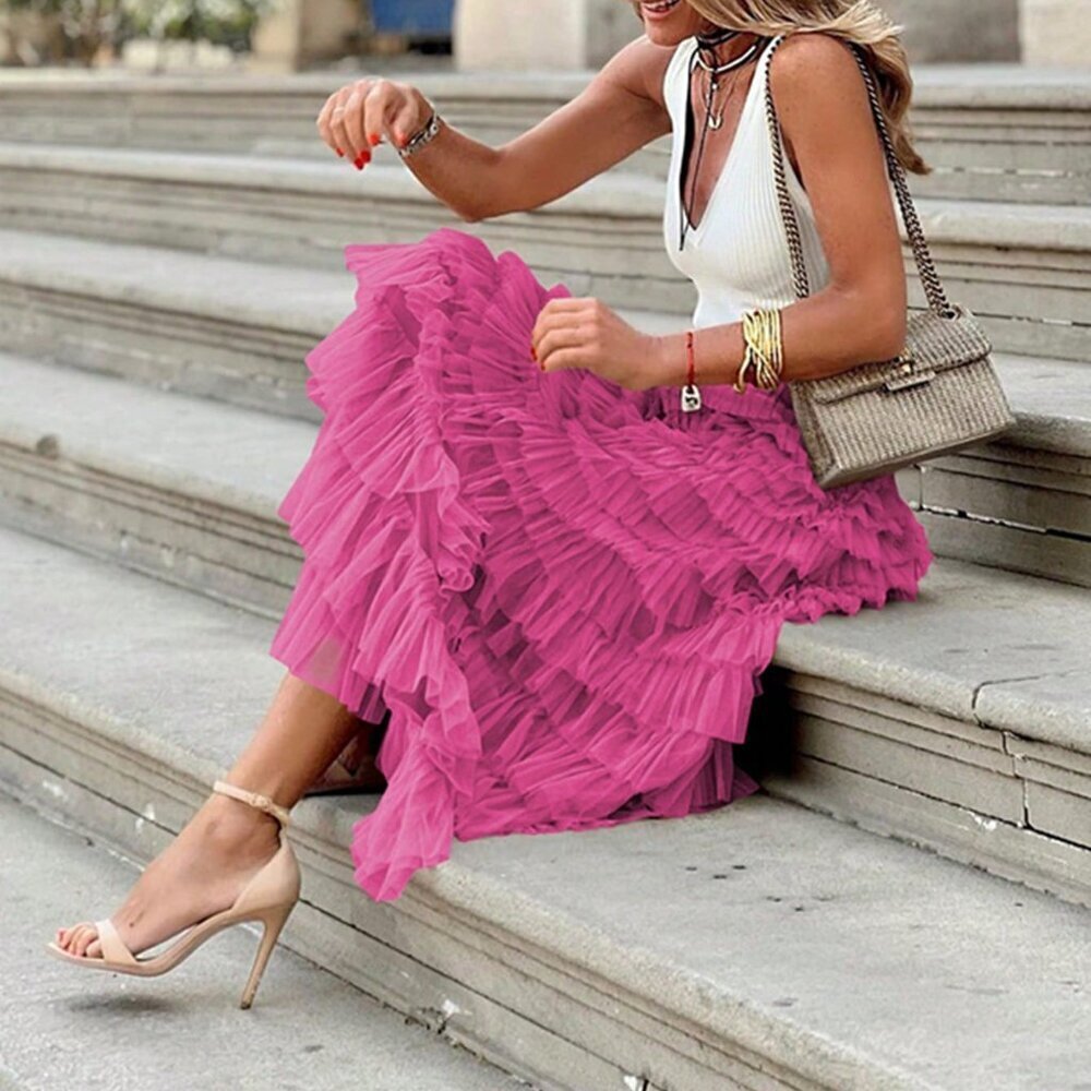 Hot Pink Casual French Women's Elegant High Waist Mesh Tulle Puff Long Skirt